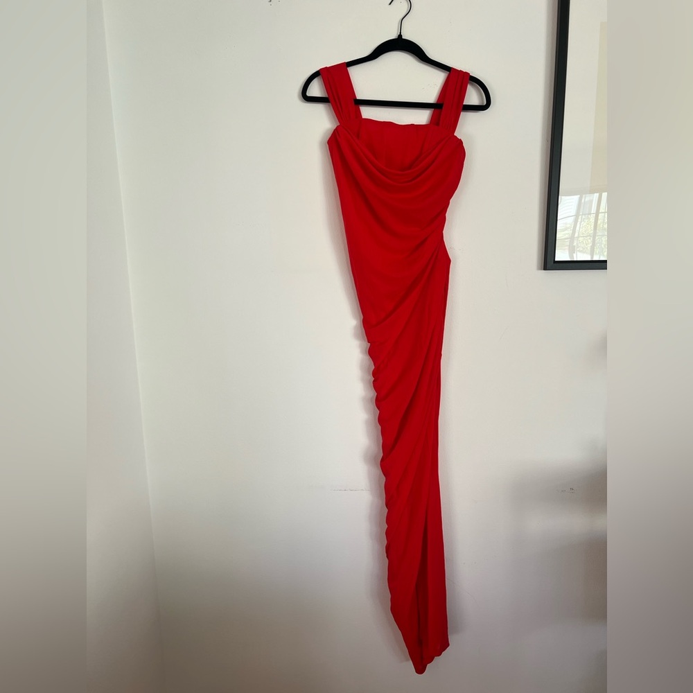 NWT STAUD Stormi ruched stretch-tulle maxi dress in RED size Small
